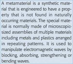 A metamaterial is a synthetic material that is engineered to have a property that is not found in naturally occurring   