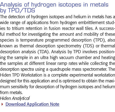 Analysis of hydrogen isotopes in metals by TPD TDS The detection of hydrogen isotopes and helium in metals has a wide   