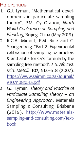 References 1  G J  Lyman,  Mathematical developments in particulate sampling theory , P M  Gy Oration, Ninth World Co   