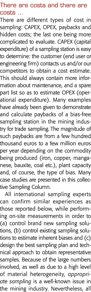 There are costs and there are costs   There are different types of cost in sampling: CAPEX, OPEX, paybacks and hidden   