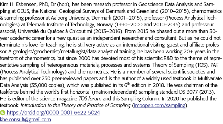 Kim H  Esbensen, PhD, Dr (hon), has been research professor in Geoscience Data Analysis and Sampling at GEUS, the Nat   