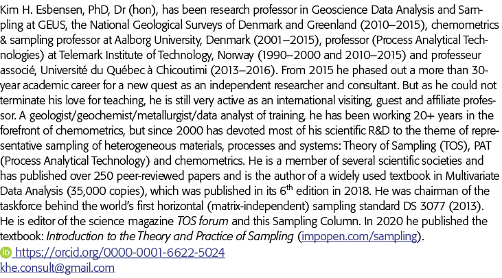 Kim H  Esbensen, PhD, Dr (hon), has been research professor in Geoscience Data Analysis and Sampling at GEUS, the Nat   