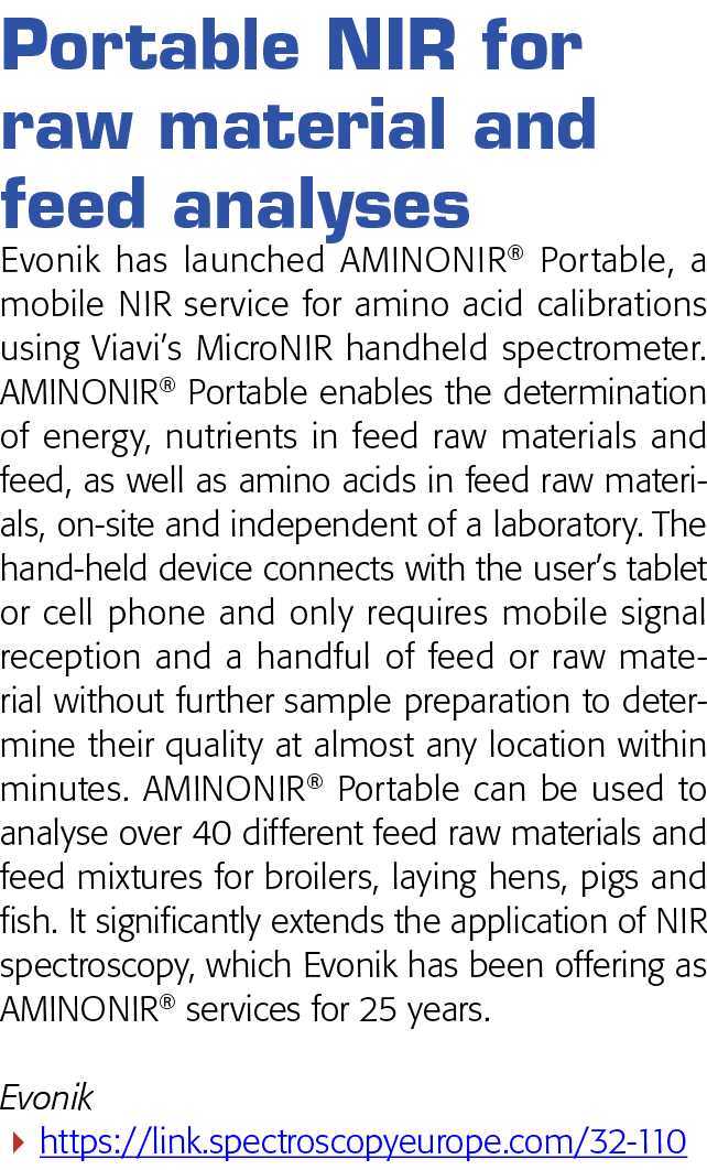 Portable NIR for raw material and feed analyses Evonik has launched AMINONIR  Portable, a mobile NIR service for amin   