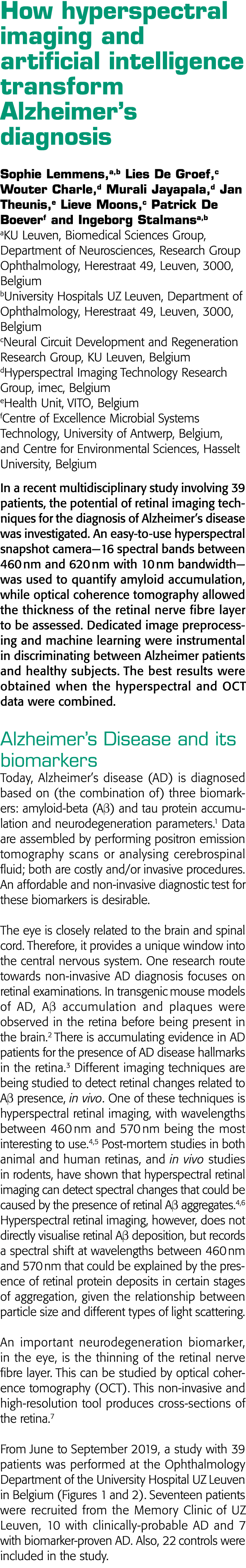  How hyperspectral imaging and artificial intelligence transform Alzheimer s diagnosis Sophie Lemmens,a,b Lies De Gro   