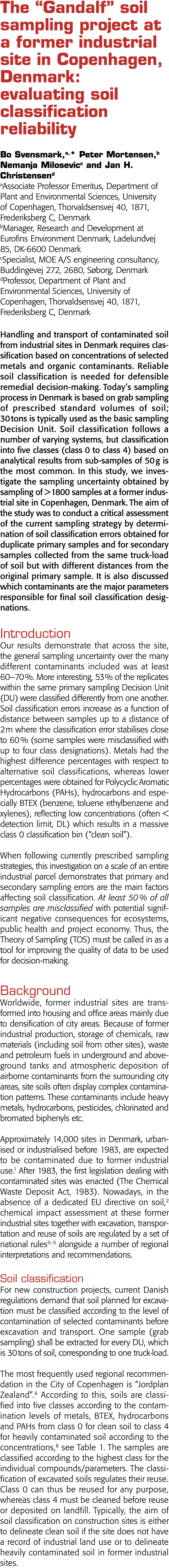  The  Gandalf  soil sampling project at a former industrial site in Copenhagen, Denmark: evaluating soil classificati   