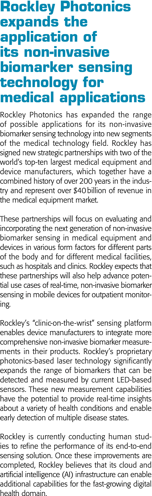  Rockley Photonics expands the application of its non-invasive biomarker sensing technology for medical applications    