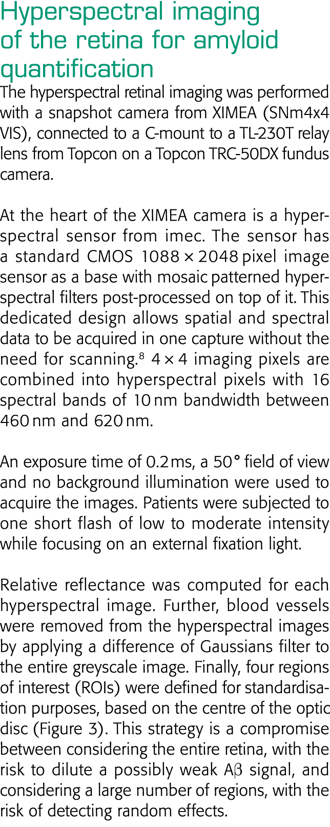 Hyperspectral imaging of the retina for amyloid quantification The hyperspectral retinal imaging was performed with a   