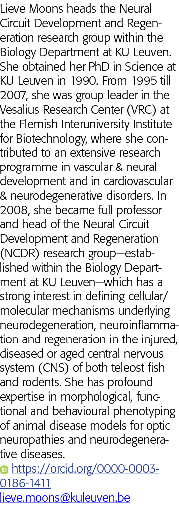 Lieve Moons heads the Neural Circuit Development and Regeneration research group within the  Biology Department at KU   