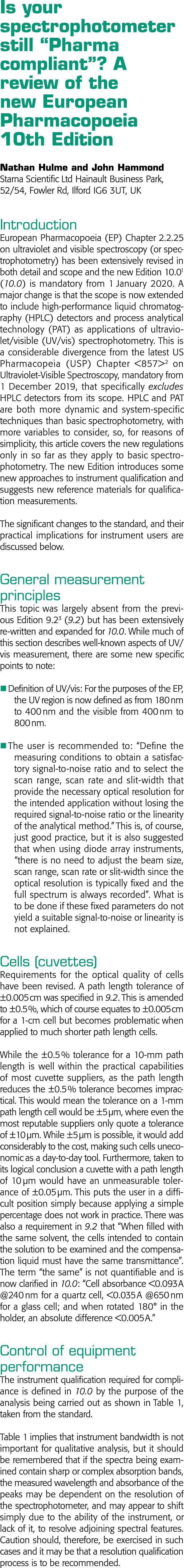 Is your spectrophotometer still  Pharma compliant   A review of the new European Pharmacopoeia 10th Edition Nathan Hu   