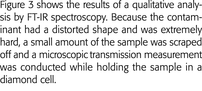 Figure 3 shows the results of a qualitative analysis by FT-IR spectroscopy  Because the contaminant had a distorted s   