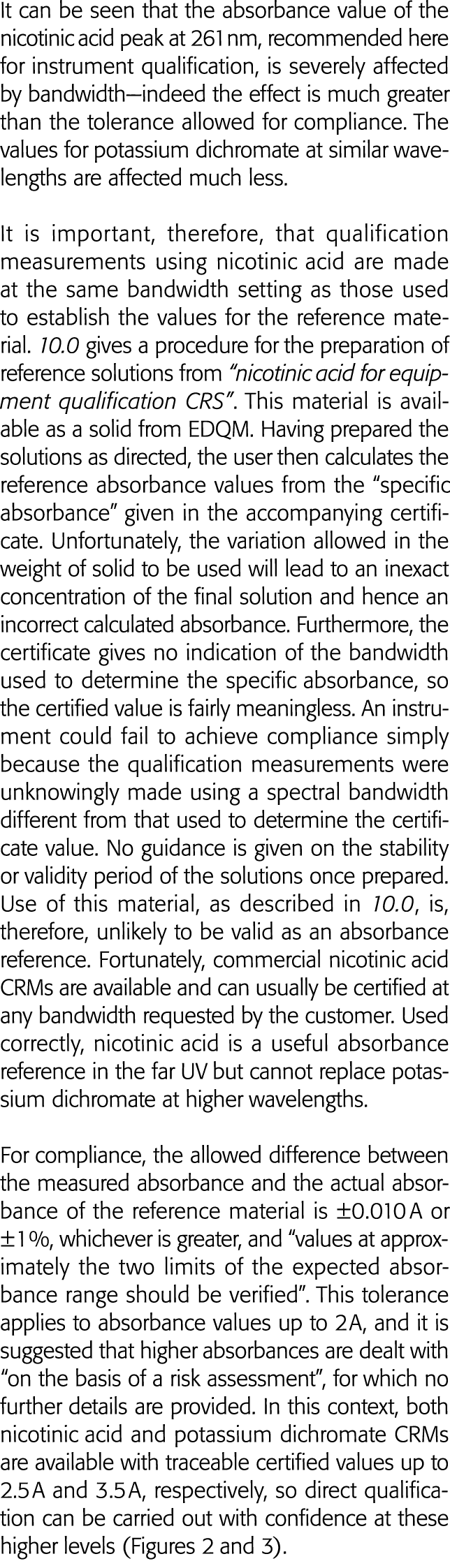 It can be seen that the absorbance value of the nicotinic acid peak at 261 nm, recommended here for instrument qualif   