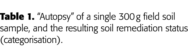 Table 1   Autopsy  of a single 300 g field soil sample, and the resulting soil remediation status (categorisation) 