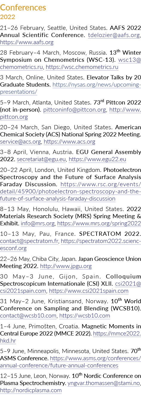 Conferences 2022 21 26 February, Seattle, United States  AAFS 2022 Annual Scientific Conference  tdelozier aafs org,    
