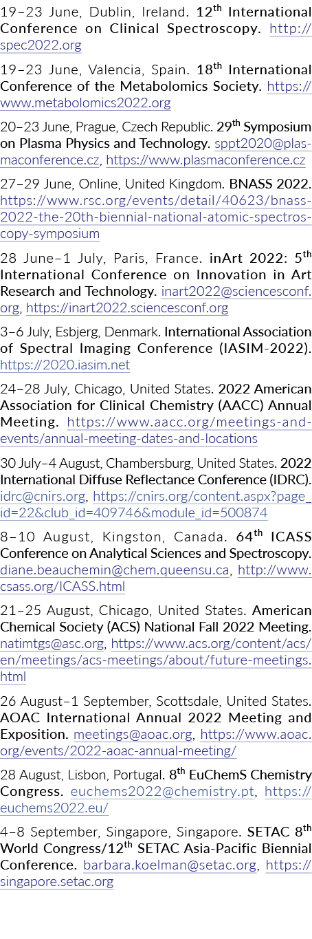19 23 June, Dublin, Ireland  12th International Conference on Clinical Spectroscopy  http:  spec2022 org 19 23 June,    