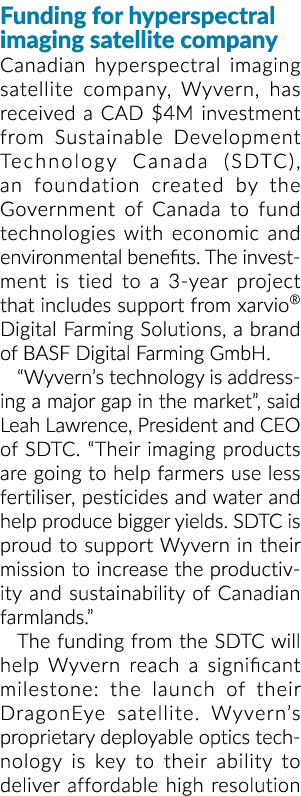 Funding for hyperspectral imaging satellite company Canadian hyperspectral imaging satellite company, Wyvern, has rec   