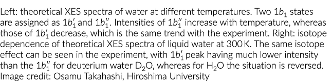 Left: theoretical XES spectra of water at different temperatures  Two 1b1 states are assigned as 1b1  and 1b1   Inten   