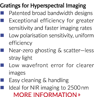 Gratings for Hyperspectral Imaging   Patented broad bandwidth designs   Exceptional efficiency for greater sensitivit   