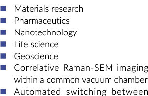   Materials research   Pharmaceutics   Nanotechnology   Life science   Geoscience   Correlative Raman-SEM imaging wit   