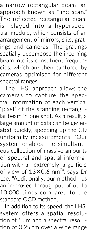 a narrow rectangular beam, an approach known as  line scan   The reflected rectangular beam is relayed into a hypersp   