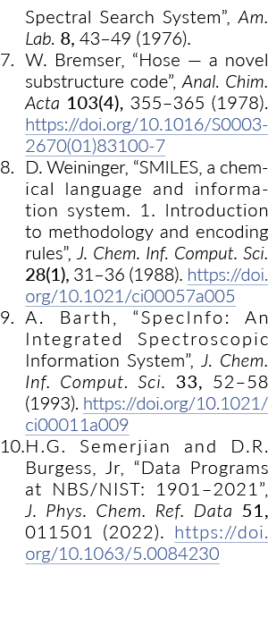 Spectral Search System , Am  Lab  8, 43 49 (1976)  7  W  Bremser,  Hose — a novel substructure code , Anal  Chim  Act   