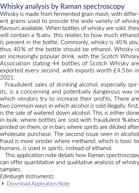 Whisky analysis by Raman spectroscopy Whisky is made from fermented grain mash, with different grains used to provide   