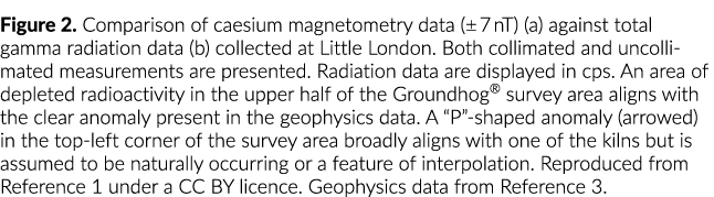 Figure 2. Comparison of caesium magnetometry data (± 7 nT) (a) against total gamma radiation data (b) collected at Li...