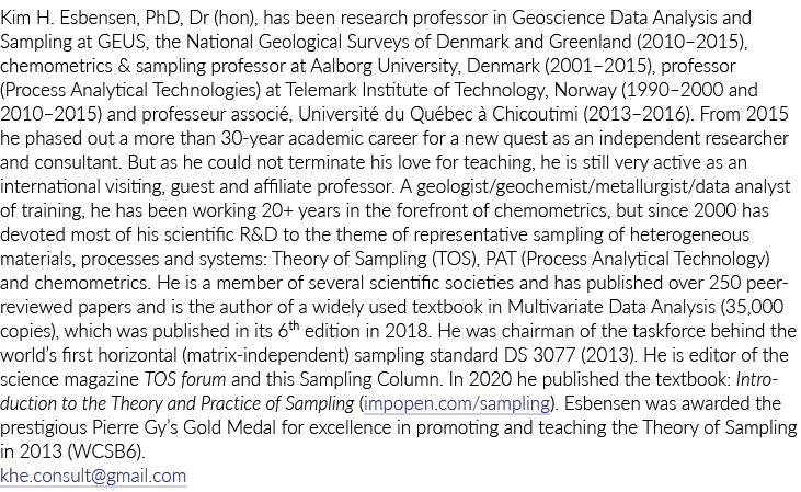 Kim H. Esbensen, PhD, Dr (hon), has been research professor in Geoscience Data Analysis and Sampling at GEUS, the Nat...