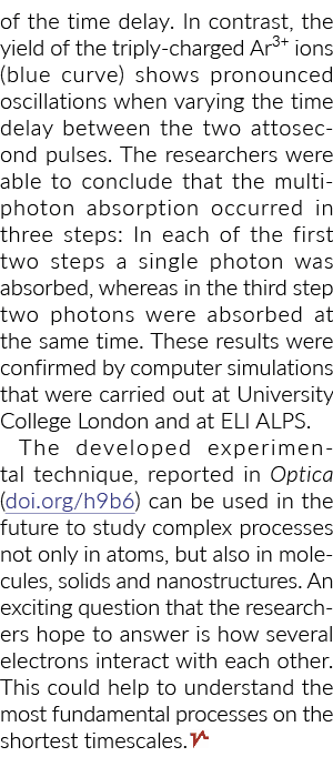 of the time delay. In contrast, the yield of the triply-charged Ar3+ ions (blue curve) shows pronounced oscillations ...