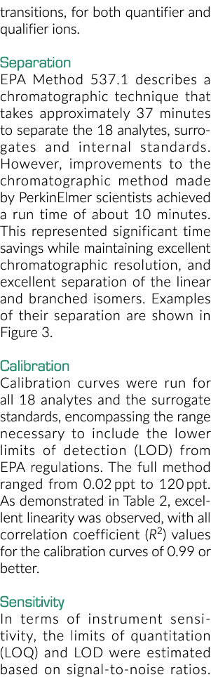 transitions, for both quantifier and qualifier ions. Separation EPA Method 537.1 describes a chromatographic techniqu...