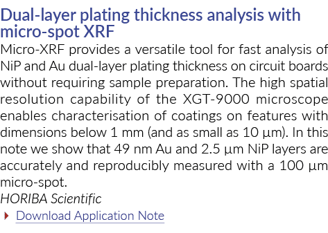 Dual layer plating thickness analysis with micro spot XRF Micro XRF provides a versatile tool for fast analysis of Ni...