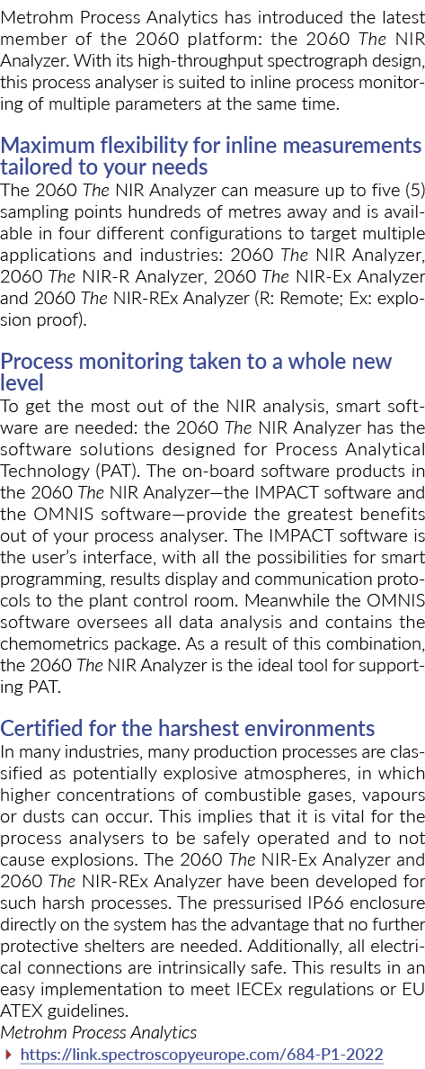 ﻿Metrohm Process Analytics has introduced the latest member of the 2060 platform: the 2060 The NIR Analyzer. With its...