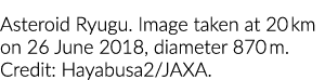 Asteroid Ryugu. Image taken at 20 km on 26 June 2018, diameter 870 m. Credit: Hayabusa2/JAXA.