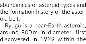 abundances of asteroid types and the formation history of the asteroid belt. Ryugu is a near Earth asteroid, around 9...