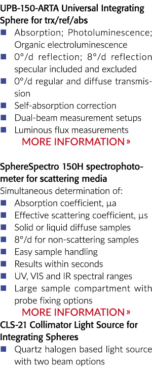UPB 150 ARTA Universal Integrating Sphere for trx/ref/abs � Absorption; Photoluminescence; Organic electroluminescenc...