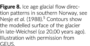 Figure 8. Ice age glacial flow direction patterns in southern Norway, see Nesje et al. (1988).5 Contours show the mod...
