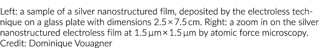 Left: a sample of a silver nanostructured film, deposited by the electroless technique on a glass plate with dimensio...
