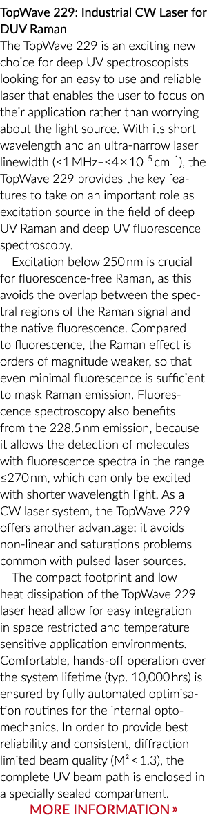 TopWave 229: Industrial CW Laser for DUV Raman The TopWave 229 is an exciting new choice for deep UV spectroscopists ...