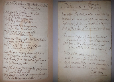 Left: a picture of an original Burns work, “The Five Carlins”. Right: a picture of a letter, a forgery, in the hand of Burns.