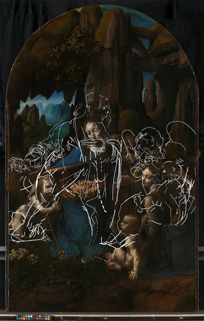 Leonardo da Vinci, “The Virgin of the Rocks”, about 1491/2–9 and 1506–8. Tracing of the lines relating to underdrawing for the first composition, incorporating information from all the imaging techniques. © The National Gallery, London
