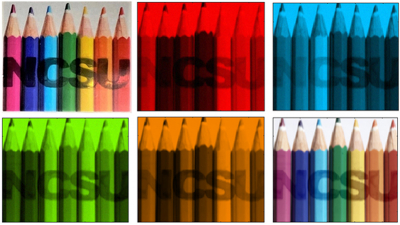This SIMPOL image shows spectral imaging of a scene containing objects with different colours, as well as the letters NCSU, which contain different polarisation states. Image credit: Ali Altaqui.