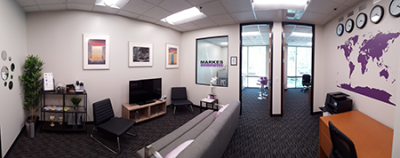 Panorama of the inside of Markes' new office. Panoramic photo of the inside of the new office