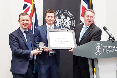 Left: the Rt Hon. Alun Cairns MP; centre: Tim Hawkins (Managing Director of Markes International); right The Rt Hon. Dr Liam Fox MP.