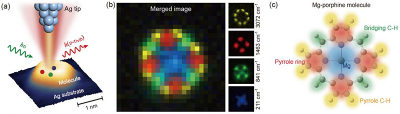(a) Schematic of scanning Raman picoscopy (SRP). When a laser beam is focused into the nanocavity between the atomically sharp tip and substrate, a very strong and highly localised plasmonic field will be generated, dramatically enhancing the Raman scattering signals from the local chemical groups in a single molecule right underneath the tip. (b) Merged SRP image by overlaying four typical Raman imaging patterns shown on the right insets for four different vibrational modes. (c) Artistic view of the Mg-porphine molecule showing how four kinds of chemical groups (coloured “Legos”) are assembled into a complete molecular structure. ©Science China Press