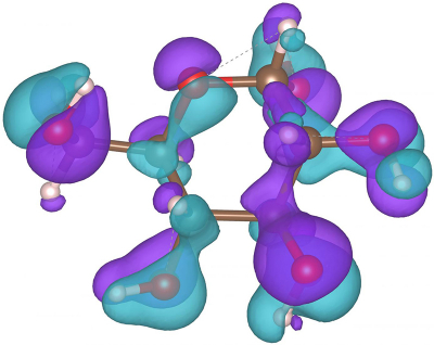 A model created at Rice University illustrates charge distribution in glucose. The light blue region shows the electron cloud distribution in a single glucose molecule. The purple regions show the drastic charge redistribution when anchored to Janus MoSSE and detected via surface-enhanced Raman spectroscopy. Credit: Lou Group/Rice University