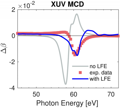 Measured and calculated dichroic absorptive part Δβ of the magneto-optical function of Cobalt. Including local field effects (LFE) and many-body corrections brings the fully ab initio theory into very good agreement with experiment.