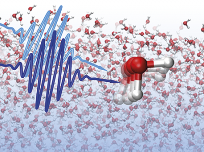 The lifetime of local water structures is probed using ultrafast laser pulses. © Yuki Nagata / MPI-P Schematic of local water structures being probed using ultrafast laser pulses