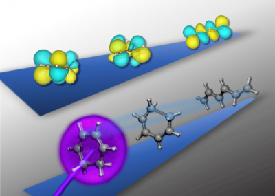 Upon light activation (in purple, bottom row’s ball-and-stick diagram), the cyclic structure of the 1,3-cyclohexadiene molecule rapidly unravels into a near-linear shape in just 200 fs. Using ultrafast X-ray spectroscopy, researchers have captured in real time the accompanying transformation of the molecule’s outer electron “clouds” (in yellow and teal, top row’s sphere diagram) as the structure unfurls. (Credit: Kristina Chang/Berkeley Lab)