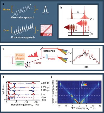a: A schematic illustrating the paradigmatic difference between mean-value and covariance-based spectroscopy. The covariance-based approach extracts the information embedded in pulse-to-pulse fluctuations, which mean-value ignores. b: In a pump-probe experiment, the pump pulse drives a system out of equilibrium. The noisy probe pulse records the state of the system at a later time through correlations induced by a non-linear interaction with the sample. c: A diagram of the experimental apparatus in which a pulse-shaper introduces fluctuations in the probe pulse, which then interacts with the sample before being recorded by a spectrometer. Comparison with the reference pulse reveals the correlations induced by the sample. d: The vibrational modes are revealed as signals that oscillate between positive (red, correlated) to negative (blue, anti-correlated) as a function of the time delay between pump and probe. e: Among other areas, this covariance-based approach promises to be useful in 2D-Raman spectroscopy, a