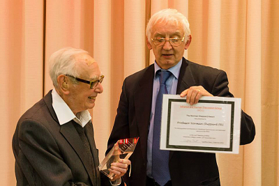 Photo of Norman Sheppard FRS receiving the first Award from Geoff Dent