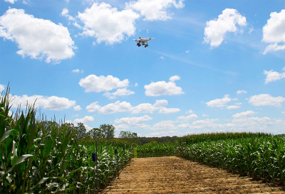 Photo of a drone above crops